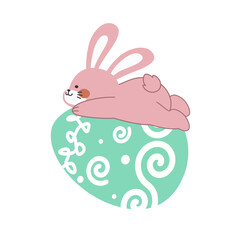 Cute little pink Easter bunny carrying and lying on an Easter egg design cartoon vector illustration isolated on white background. Cute smiling little rabbit with an pattern painted egg