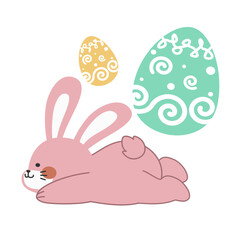 Cute little pink Easter bunny carrying and lying on an Easter egg design cartoon vector illustration isolated on white background. Cute smiling little rabbit with an pattern painted egg