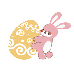 Cute little pink Easter bunny carrying an Easter egg design cartoon vector illustration isolated on white background. Cute smiling little rabbit with an pattern painted egg.