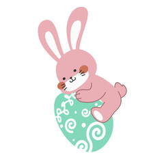 Cute little pink Easter bunny carrying and lying on an Easter egg design cartoon vector illustration isolated on white background. Cute smiling little rabbit with an pattern painted egg.