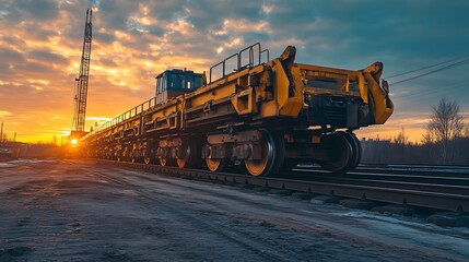 Sunset Railway Transport: Heavy-Duty Railcar at Golden Hour
