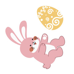 Cute little pink Easter bunny carrying and lying with an Easter egg design cartoon vector illustration isolated on white background. Cute smiling little rabbit with an pattern painted egg.