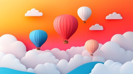 Fototapeta premium Colorful hot air balloons soar above clouds at sunset; travel, adventure concept