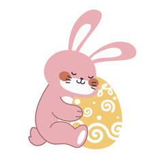 Cute little pink Easter bunny carrying and sitting besides an Easter egg design cartoon vector illustration isolated on white background. Cute smiling little rabbit with an pattern painted egg.