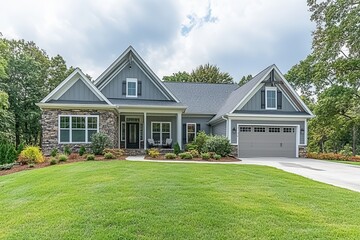 Obraz premium Stunning Gray Farmhouse Dream Home Landscaping