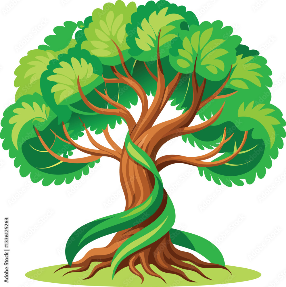 Poster towering green tree with unique twisted growth symbolizing forest preservation. tree with green leav