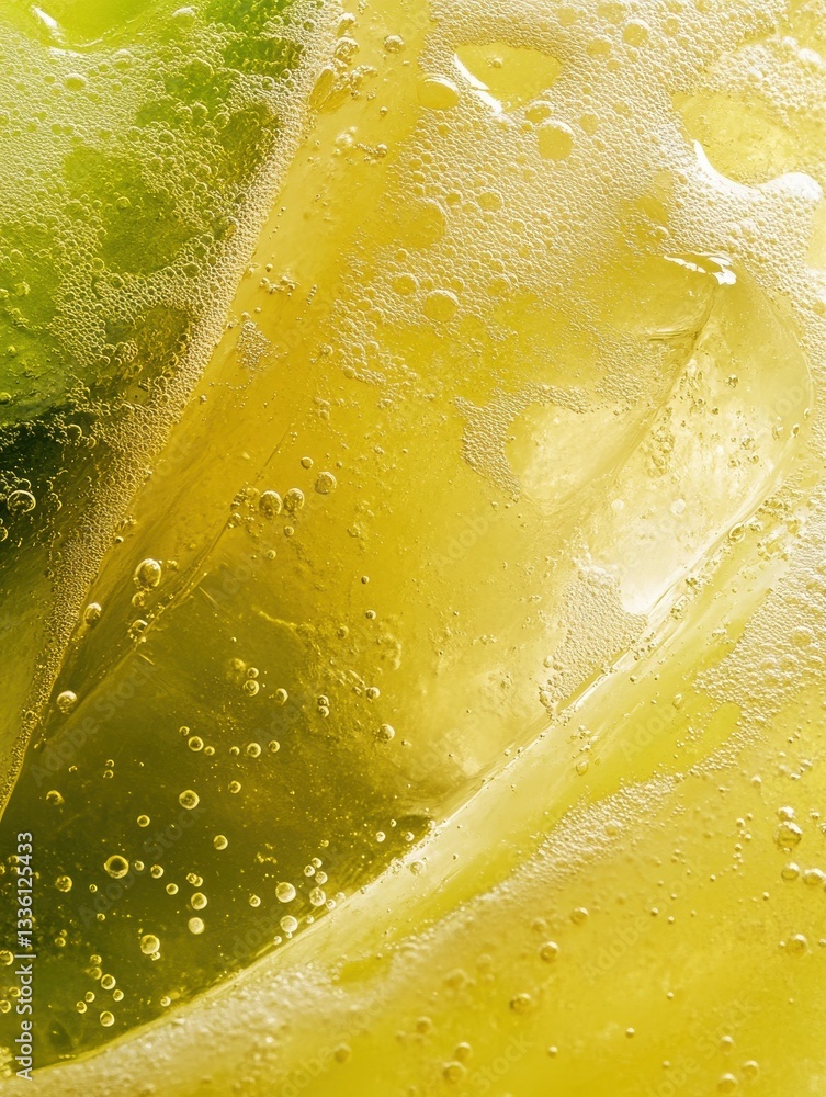 Aufkleber Close up of refreshing lemonade with bubbles and a slice of lemon highlighting summer enjoyment at a sunny gathering