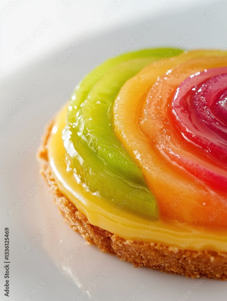 Poster Close-up view of a vibrant fruit tart featuring a glossy finish and colorful fruit layers on a golden crust
