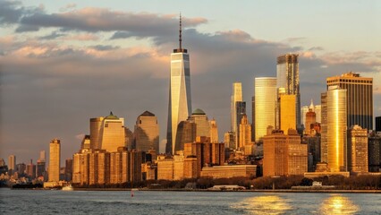 Golden skyline with modern buildings reflecting sunlight at sunset.