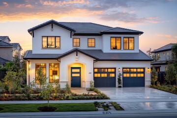 Modern two story house illuminated at dusk stylish home exterior design