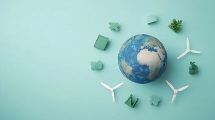 Fototapeta premium Floating Earth Surrounded by Clean Energy Symbols for Global Sustainability