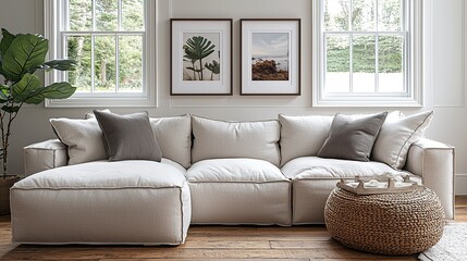 Fototapeta premium modern living room with sofa , windows, white image frame template on the wall 
