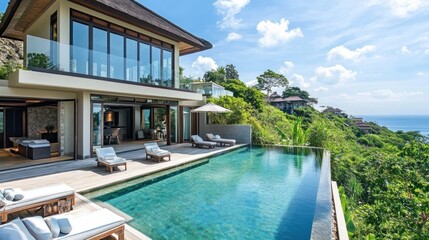 Obraz premium Exquisite villa with infinity pool overlooking the azure ocean and tropical landscape