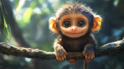 Fototapeta premium Cute monkey baby jungle branch playful