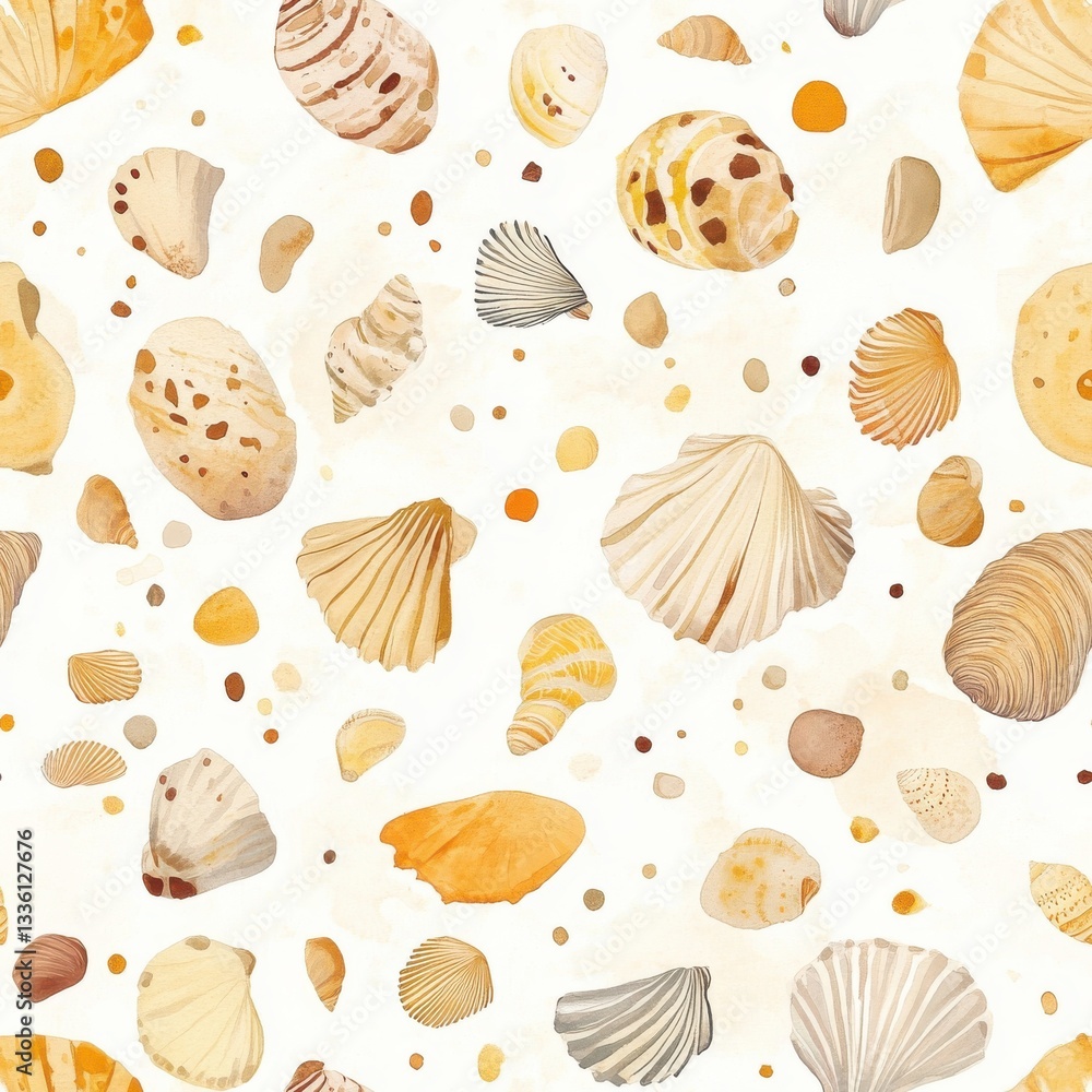 Poster whimsical watercolor doodle of assorted seashells on a light background with natural textures and co