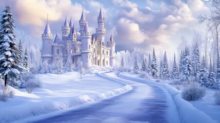 Winter Wonderland Castle: A majestic castle emerges from a pristine winter landscape, with snow-covered trees lining a winding pathway, bathed in the soft light of a winter's day.