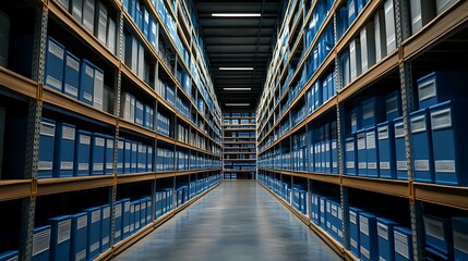Fototapeta premium Endless Aisles of Blue Boxes in a Modern Warehouse