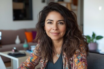 Candid portrait of a Hispanic American woman working from home on her computer in a modern apartment, 40 years old