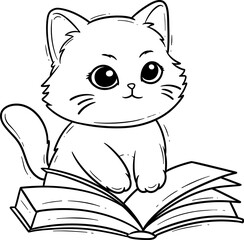 Cute Cartoon Cat Reading a Book Outline
