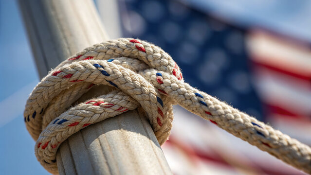Close up of rope tied tightly around flagpole with American flag in background, symbolizing patriotism and unity