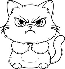 Chubby Cute Cartoon Cat Looking Angry Outline