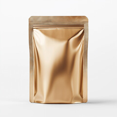 Gold blank foil stand-up Pouch mockup, isolated on a white background, minimalist style, high resolution, professional photograph, with intricate details, high detail, HDR, high quality