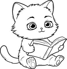 Cute Cartoon Cat Reading a Book Outline
