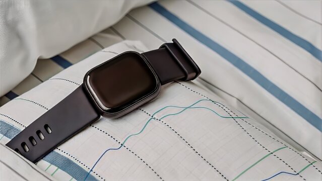 Digital health care and Telemedicine concept. Smartwatch resting on striped bedding fabric.