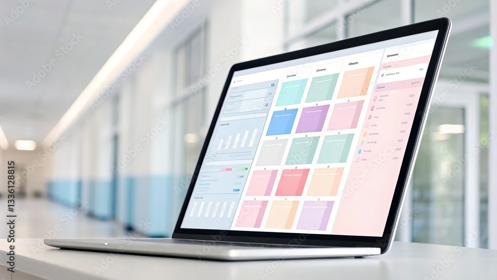 Leinwandbilder laptop displaying colorful data analytics in a modern workspace.