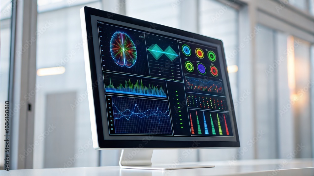 Poster digital health care and telemedicine concept. modern monitor displaying data visualizations and grap