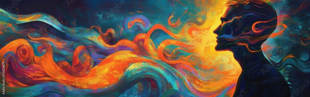 Aufkleber vibrant silhouette of a man with dynamic colors and swirling patterns under a peaceful evening sky