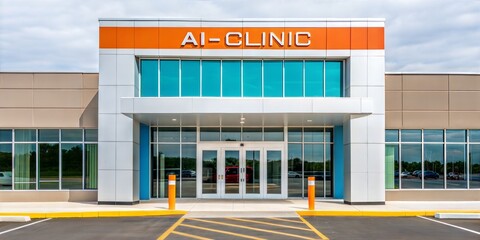 Digital health care and Telemedicine concept. AI clinic building with large windows and vibrant signage.