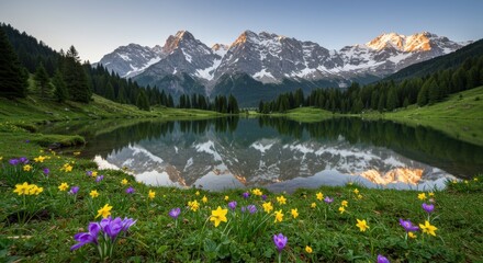Serene Mountain Lake Reflection with Spring Blossoms at Sunrise