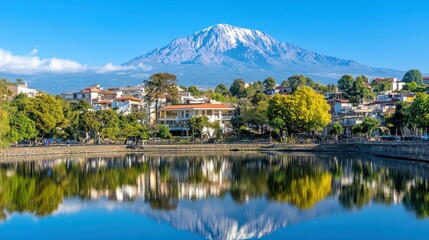 Fototapeta premium Kilimanjaro's Reflection: A picturesque scene of a tranquil lake mirroring the majestic snow-capped peak of Kilimanjaro, with a charming town nestled below, capturing a sense of awe and serenity.