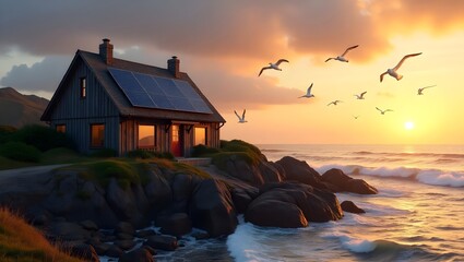Coastal Home with Solar Panels at Sunset by the Sea