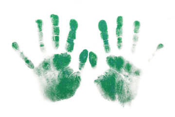 Green handprints on white background - symbol of ecology, creativity and self-expression. Abstract image of two green handprints on a clean white background. Concept of environmental protection.