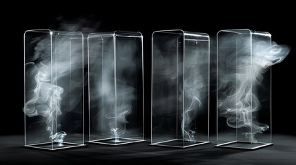 Smoky Abstracts: A captivating display of wispy smoke plumes elegantly contained within transparent glass enclosures, set against a stark black backdrop.