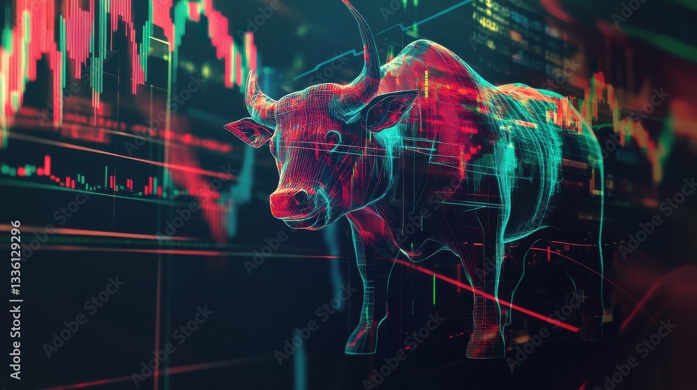 Leinwandbilder Dynamic trading icon stands out in a vibrant financial setting full of charts and data visuals