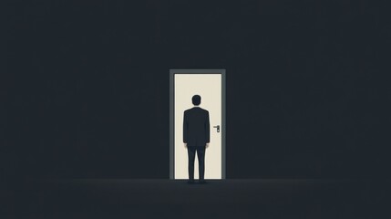 Obraz premium Man in suit facing closed door in dark room.