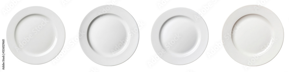 Aufkleber a simple elegant arrangement of four identical pristine white ceramic plates neatly placed in a row 
