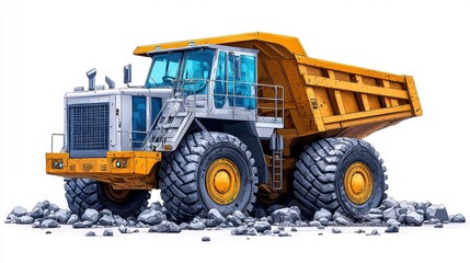 Heavy Construction Dump Truck with Large Tires on Rocky Ground in Bright Yellow Color