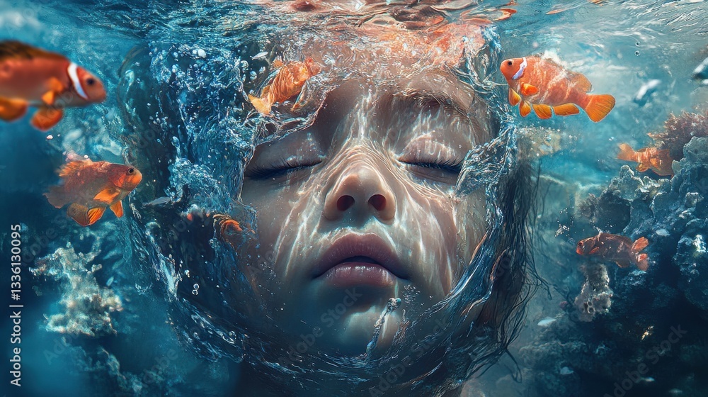 Aufkleber Surreal portrait of a child's face partially submerged in water with vibrant fish and coral in a dreamlike underwater setting
