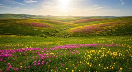 Obraz premium Stunning Spring Landscape: Vibrant Wildflowers Bloom Across Rolling Hills Under a Sunny Sky