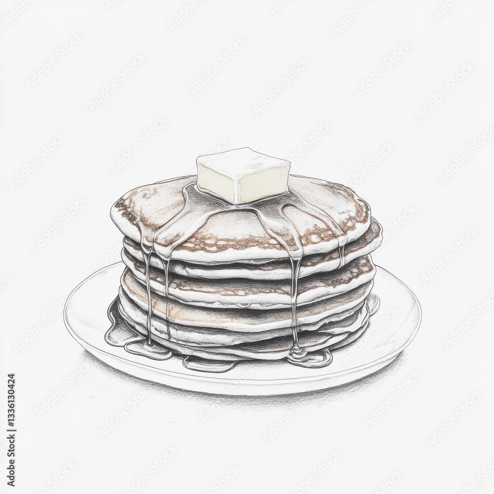 Poster delicious stack of pancakes topped with melting butter and syrup served on a white plate