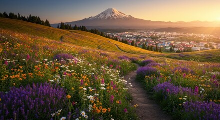 Obraz premium Sunrise over Wildflower Meadow and Majestic Volcano, Scenic Town in Background