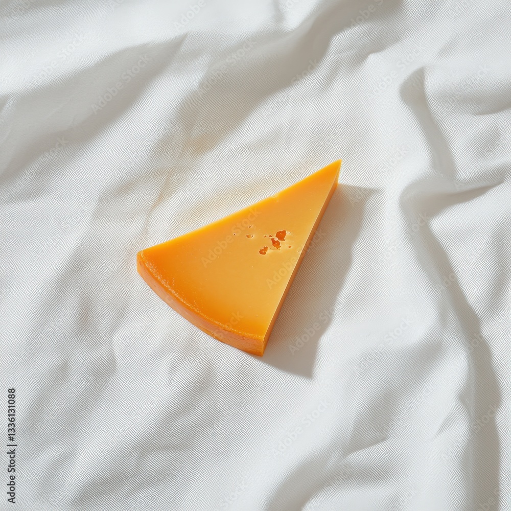 Poster sharp cheddar cheese slice placed on soft fabric background in natural light