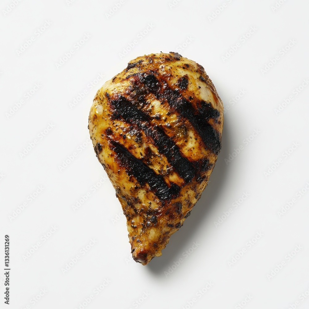 Poster grilled chicken breast with golden char and distinctive grill marks served on a plain background