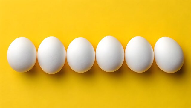  white eggs in a row on yellow background