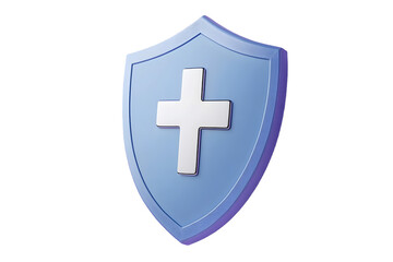 Fototapeta premium 3d Shield with a cross icon symbol on isolated purple background. Protection of health from diseases. Healthcare security insurance medical concept. 3d Minimal insurance blue shield icon. 3d render.
