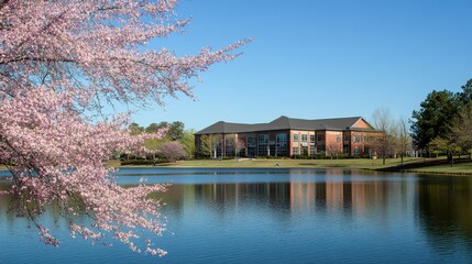 Obraz premium Students conducting water experiments at a serene lake under a clear blue sky with cherry blossoms nearby